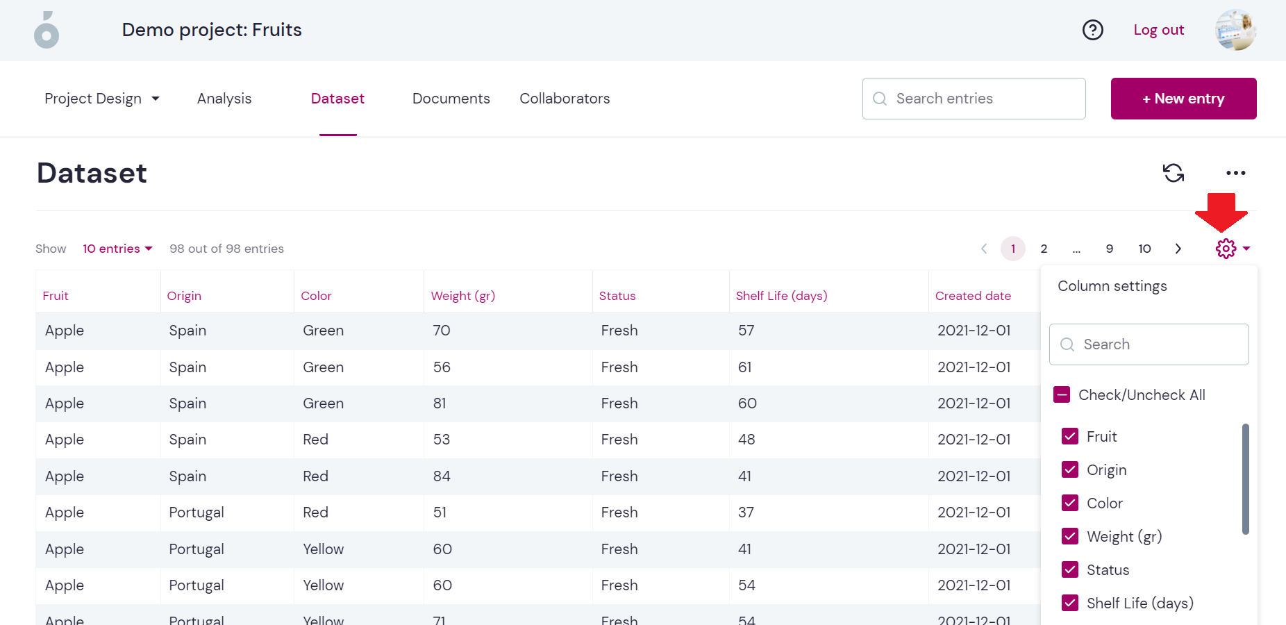 Column settings